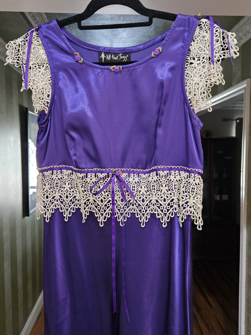 Vintage ALL THAT JAZZ Purple Satin Maxi Dress with Lace Trim SIZE 4 - Picture 2 of 4